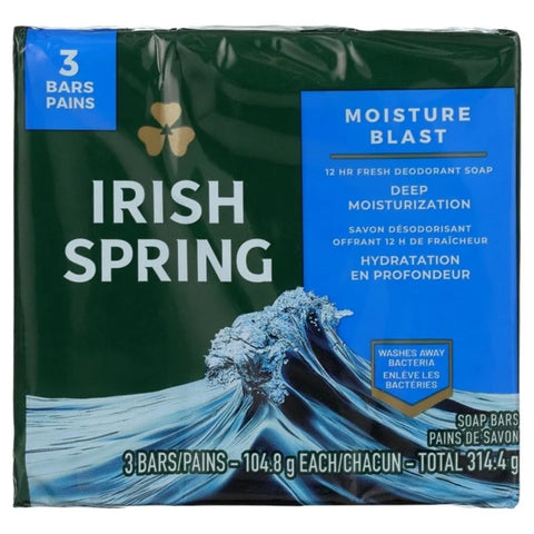 Irish Spring Deodorant Soap Moisture Blast Bar Pack of 3X